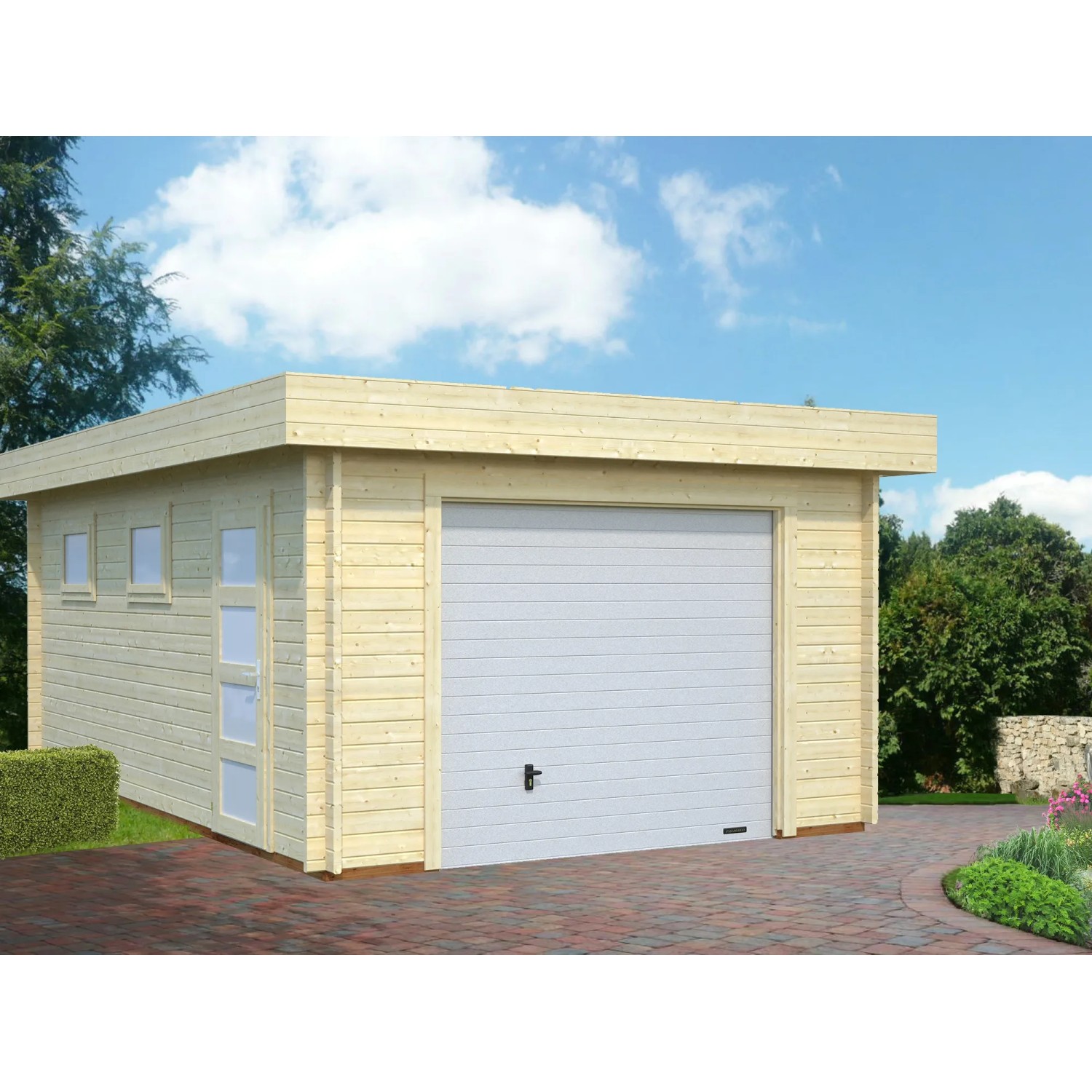 Palmako Holzgarage Rasmus mit Sektionaltor, naturbelassen. Einzelgarage aus Fichtenholz mit Fenster und Tür.