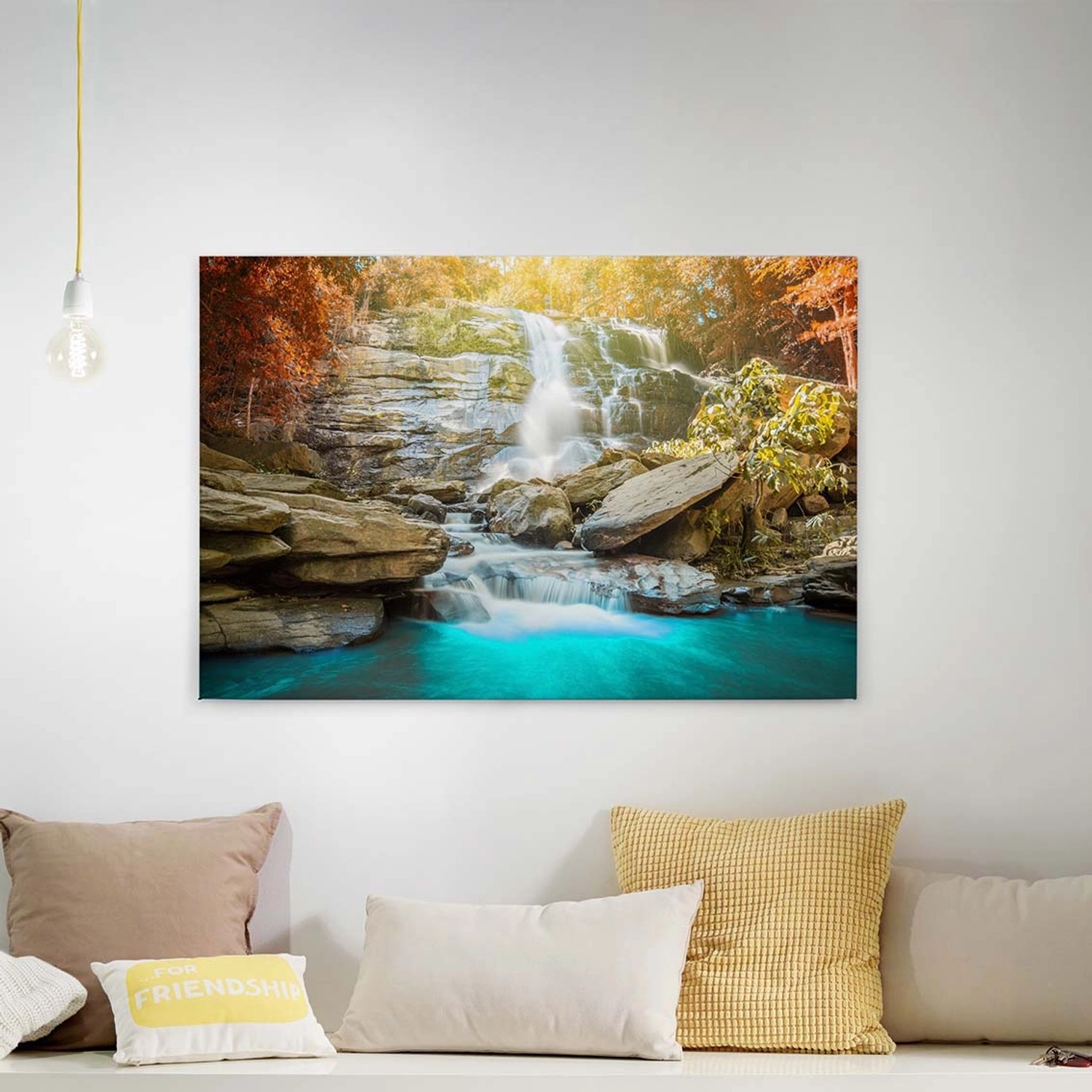 Bricoflor Leinwand Mit Wasserfall Im Herbstwald Buntes Wandbild Mit Herbst günstig online kaufen