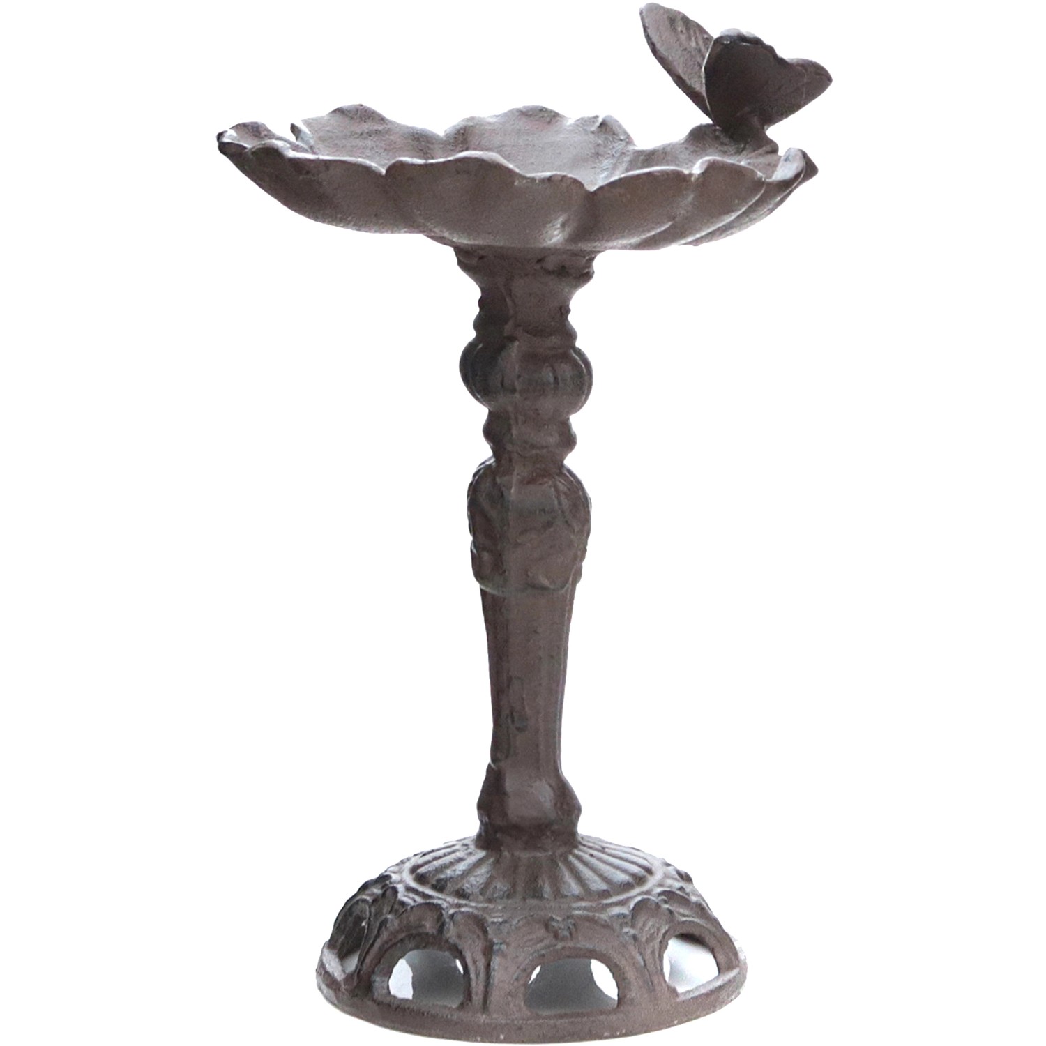 Vogeltränke Blüte mit Schmetterling und Standfuß aus Gusseisen in Braun