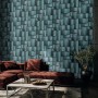 Wohnraum mit blauer Marburg Vliestapete in 3D-Optik, grafisch modern.