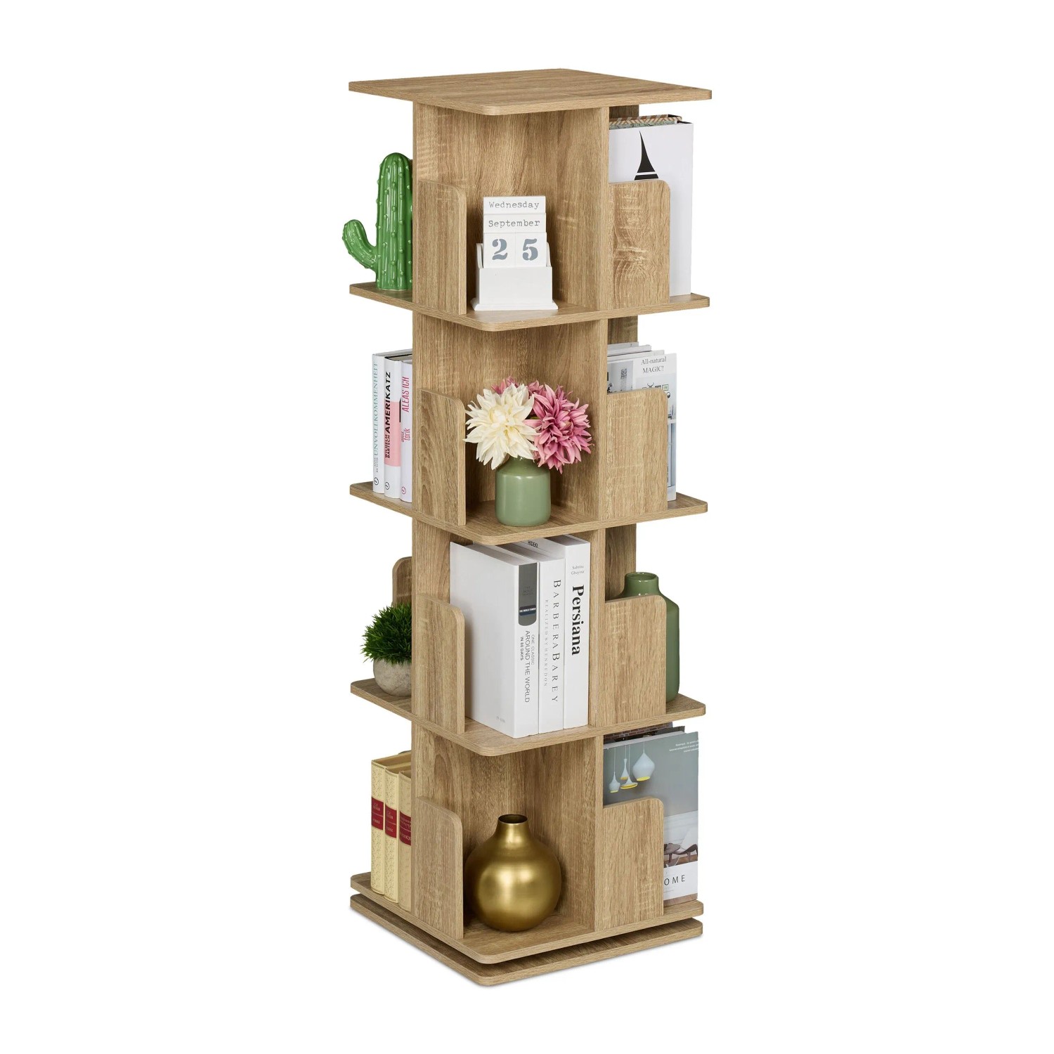 Relaxdays Bücherregal Holzwerkstoff Stahl Natur Drehbar 360 Grad 125,5 cm x 39 cm x 39 cm 17,8 kg