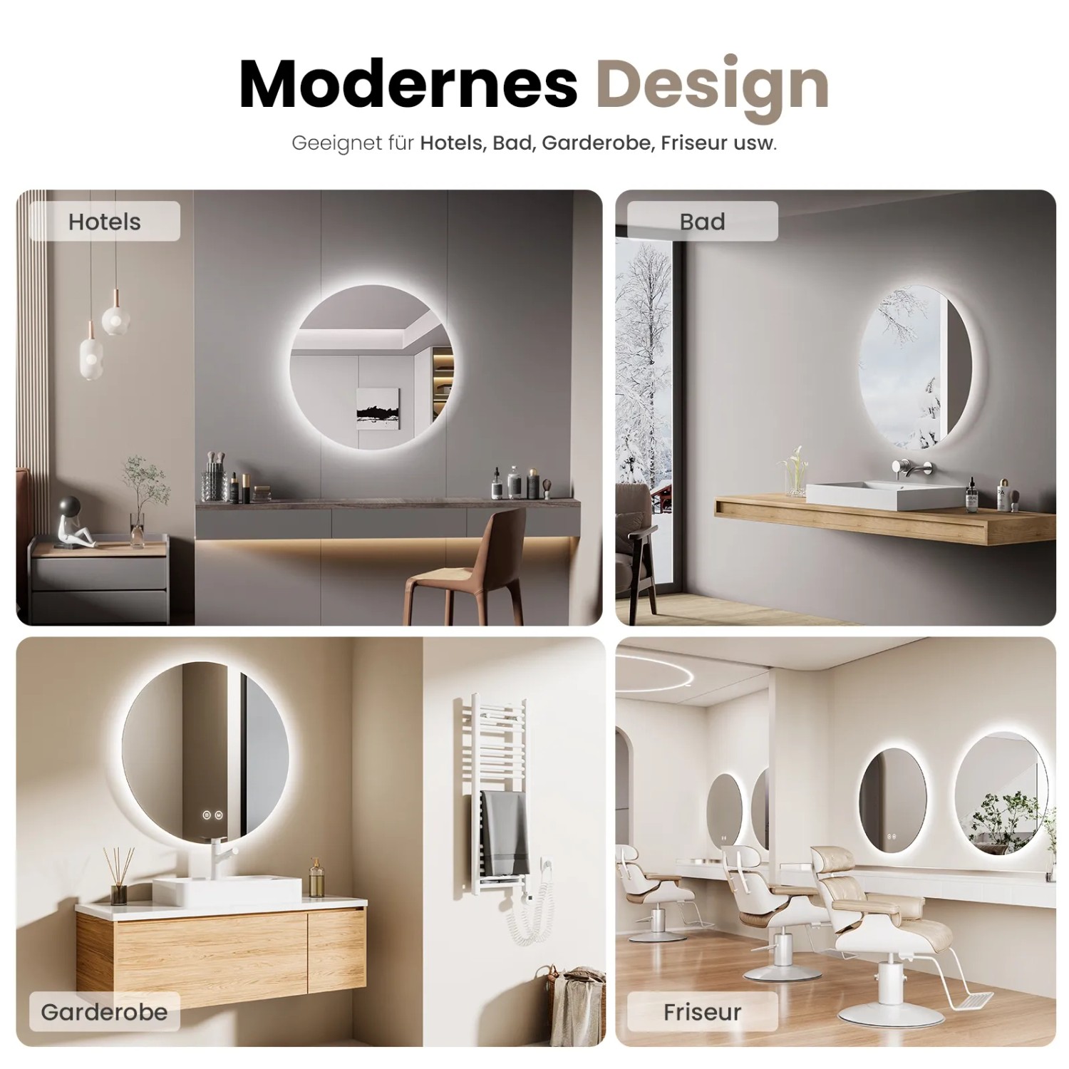 Emke Badspiegel rund mit LED-Beleuchtung in verschiedenen Anwendungsszenarien.