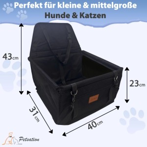 Schwarzer Petsation Hunde Autositz, 43x40x31cm. Sicherer, bequemer Hundesitz für kleine bis mittelgroße Hunde & Katzen.