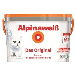 Eimer Alpinaweiß Wandfarbe, 10 l, weiße Innenfarbe mit hoher Deckkraft und Spritz-Schutz-Formel.