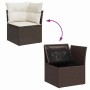 Braunes Poly-Rattan Gartenmöbel-Set mit Kissen und Stauraumfunktion.