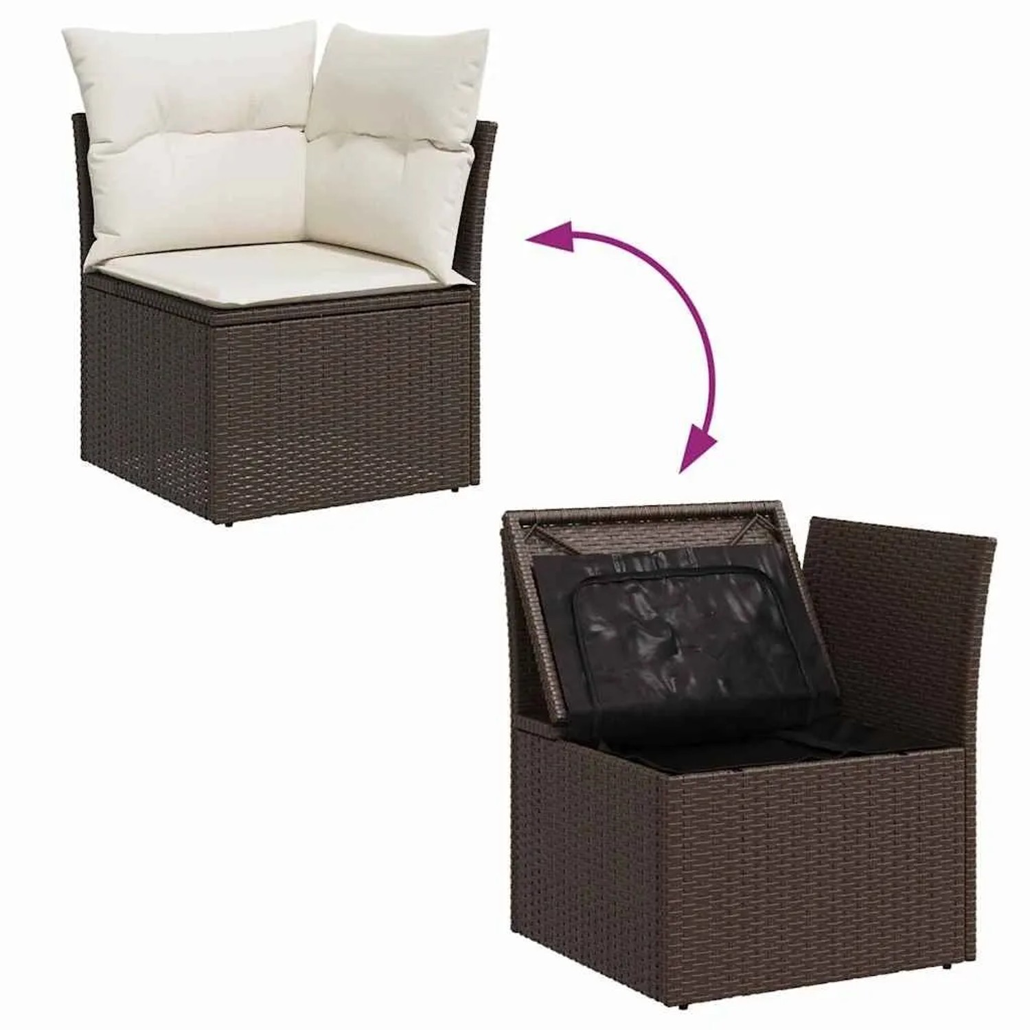 Braunes Poly-Rattan Gartenmöbel-Set mit Kissen und Stauraumfunktion.