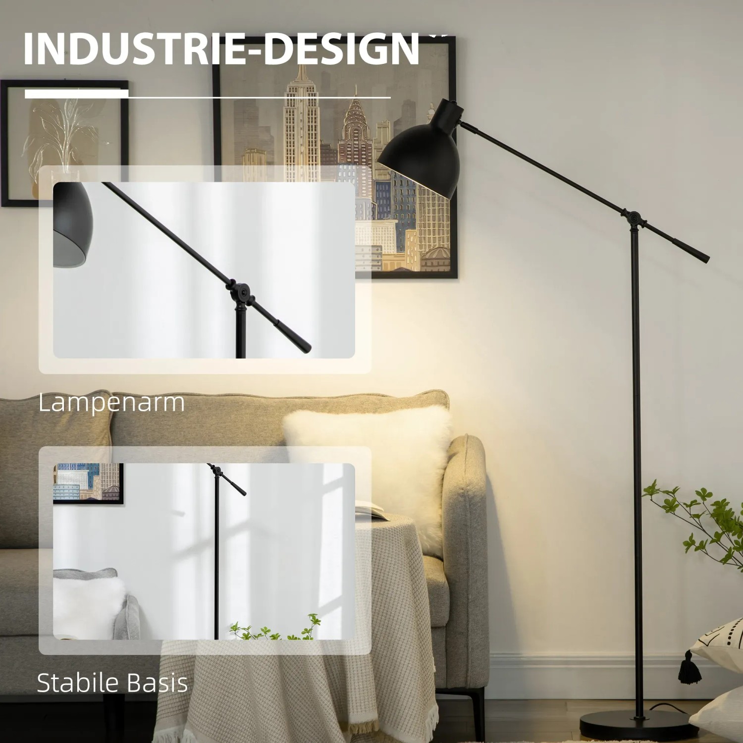 Schwarze, höhenverstellbare HOMCOM Stehlampe im Industrie-Design neben Sofa.
