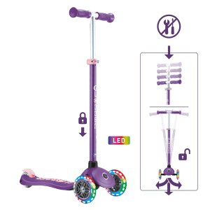 Globber Primo Plus Lights Tretroller Kinder 120/80 mm ABEC 9 3-Rädrig Höhenverstellbar LED-Leuchtrollen Lila