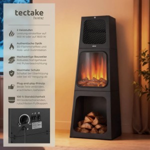 Schwarzer Tectake Elektrokamin Soleil mit Flammeneffekt und Holzlagerfach.