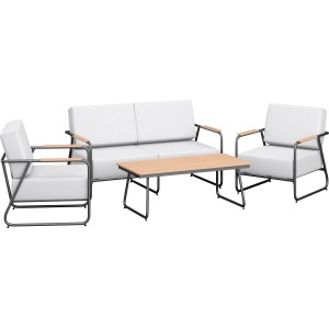 4-tlg. Loungegruppe Woodcliff mit Aluminiumgestell, Eukalyptusholz-Akzenten und grauen Olefin-Kissen.