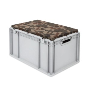 Eurobox NextGen Sitzbox Camouflage, 65L. Graue Aufbewahrungsbox mit Tarnmuster-Sitzkissen.