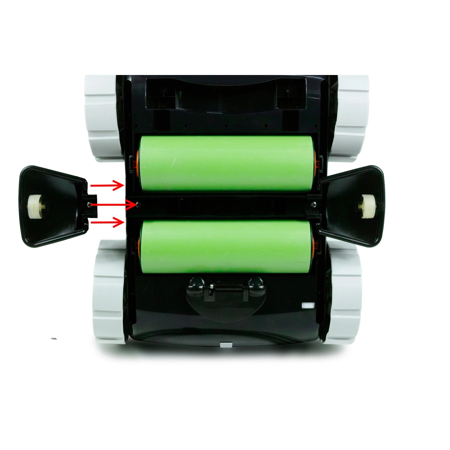 Interline Poolroboter Jellyfish 5220 mit geöffnetem Batteriefach und zwei grünen Batterien.