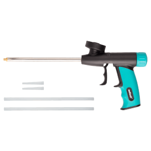 wolfcraft Dosierpistole für PU-Schaum, schwarz/türkis, mit Verlängerungsröhrchen.