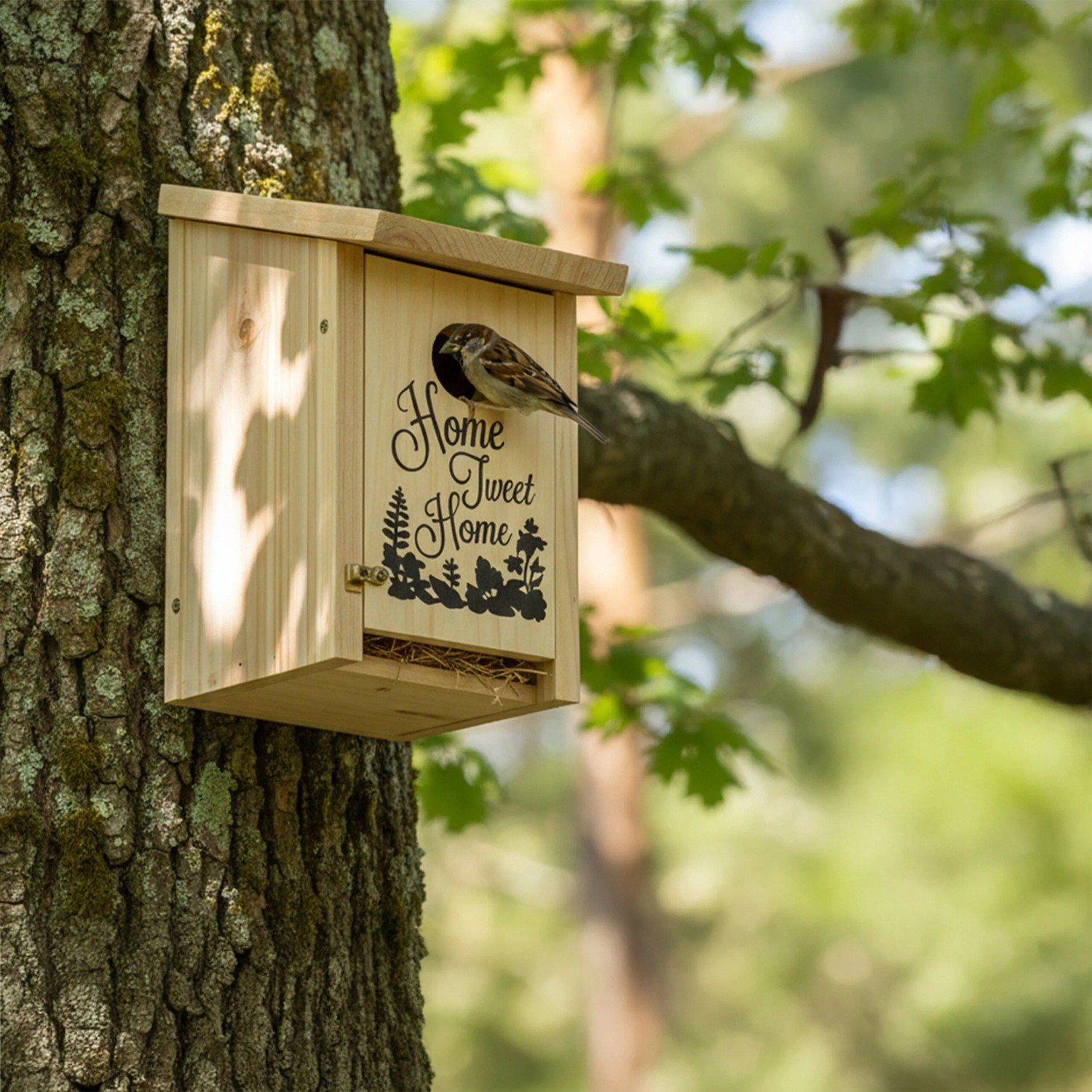 Nistkasten aus hellem Tannenholz am Baumstamm, ein Spatz schaut aus dem Einflugloch. Mit Home Tweet Home Aufschrift.