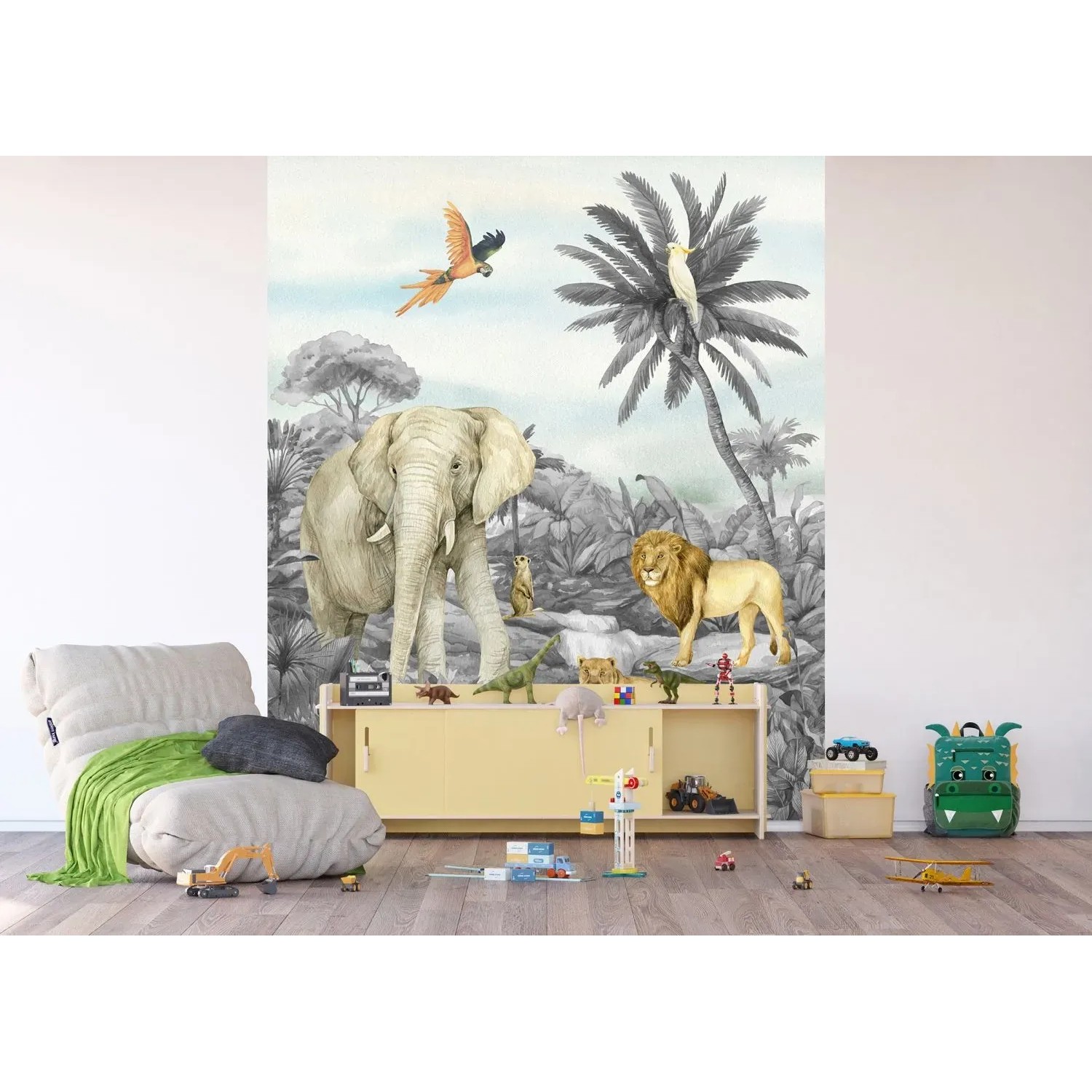 Sanders & Sanders Fototapete Dschungeltiere Grau 2,25x2,7m im Kinderzimmer.