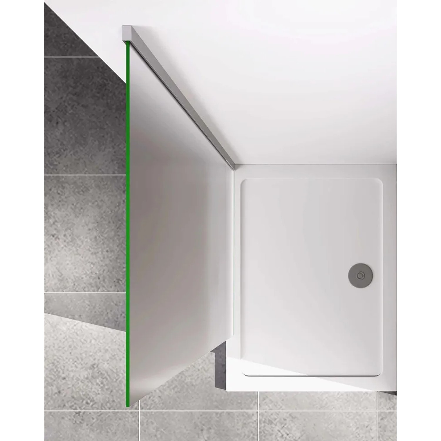 Walk-In Dusche 80x200cm mit Milchglas-Seitenwand, verchromtem Rahmen und weißer Duschwanne auf Fliesen.