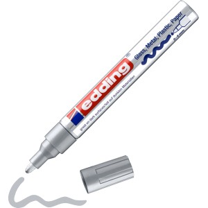 Edding Paintmarker E-750 in Silber mit Kappe und Farbbeispiel.