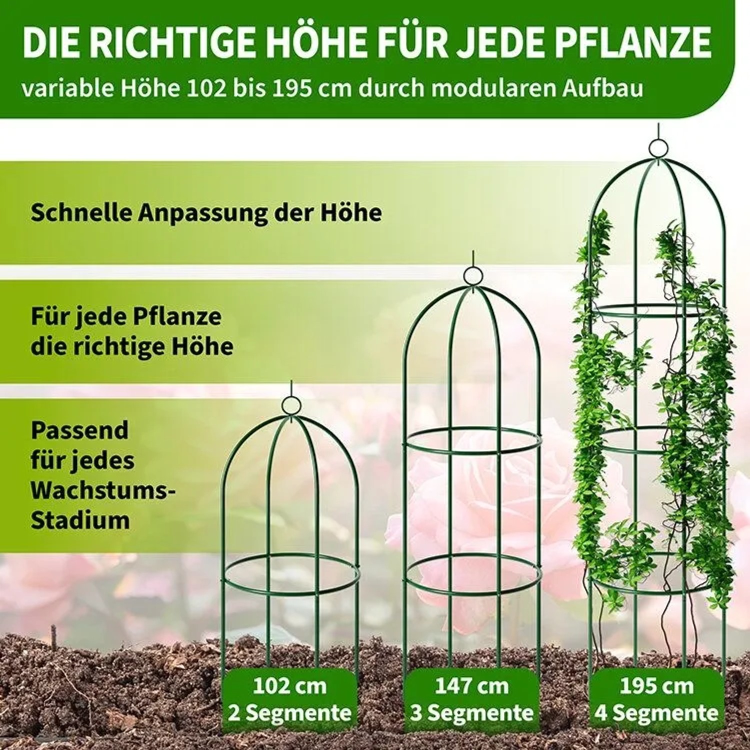 Grüne Metall-Rankhilfen Obelisk, modular höhenverstellbar 102-195 cm, für Rosen, Clematis und Rankpflanzen.