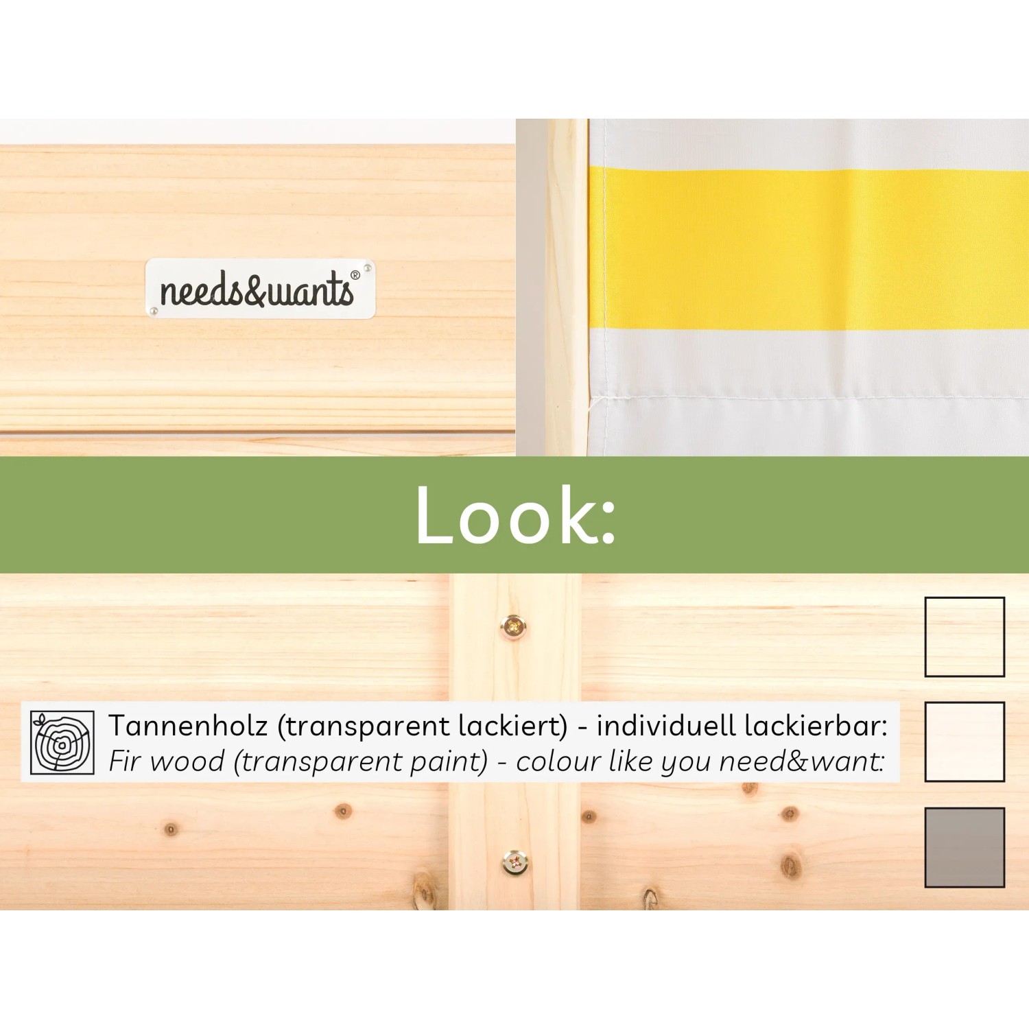 Detailansicht: needs&wants Holz Sandkasten Sunplaya3 mit gelb-weiß gestreiftem Dach.