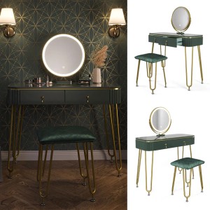 Vicco Schminktisch Grace, dunkelgrün hochglanz, 100 cm mit LED-Spiegel und Hocker.