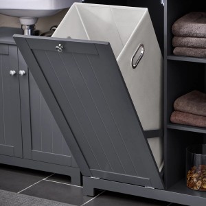 SoBuy Hochschrank BZR104-DG, grau, mit ausklappbarem Wäschesack. Badmöbel-Set Detailansicht.