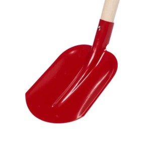 Rote Galaflor Emsländer Sandschaufel aus gehärtetem Stahl mit abgerundetem Blatt und Holz-T-Stiel.