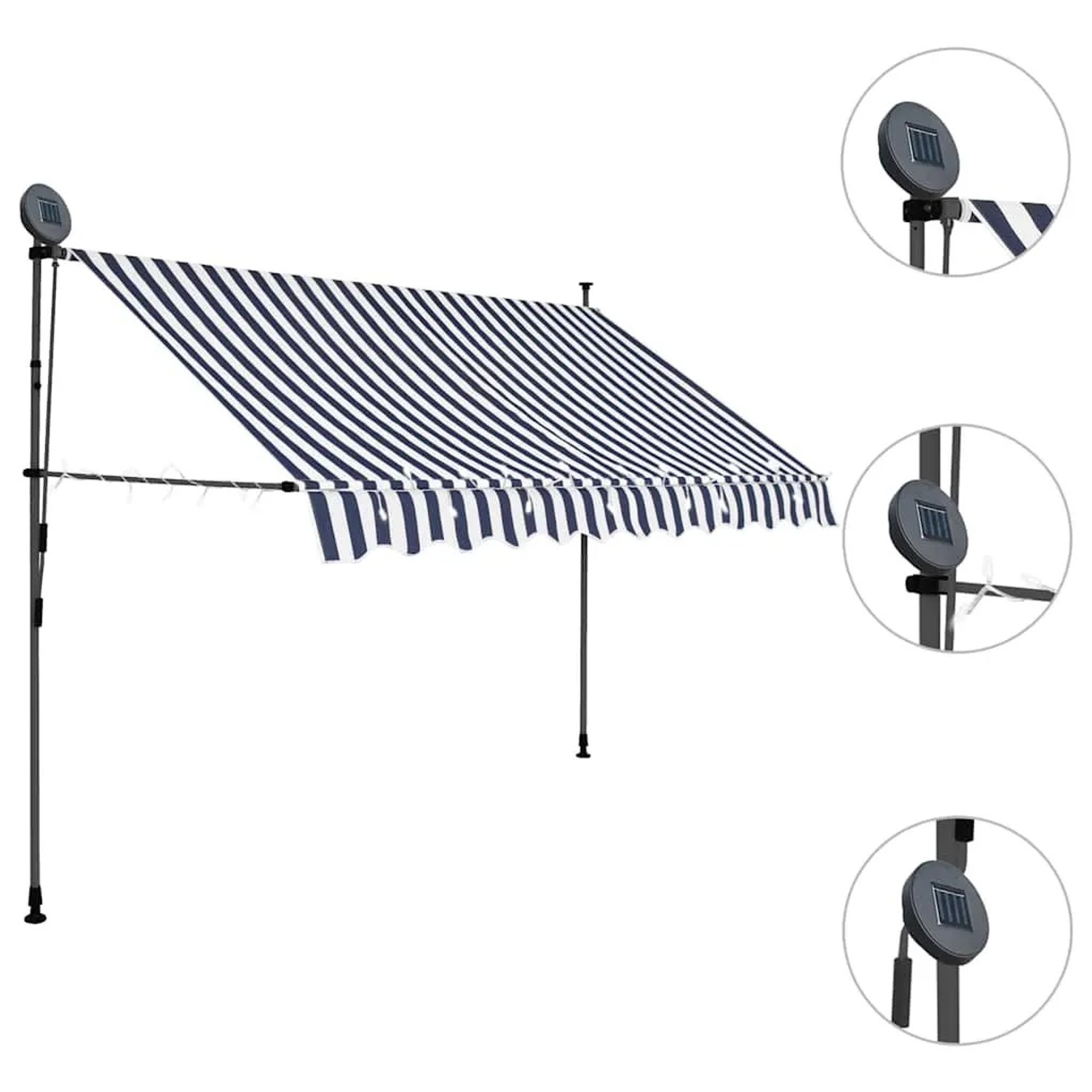 Einziehbare Markise 300 cm, blau-weiß gestreift, handbetrieben mit Solar-LEDs für Terrasse & Balkon.