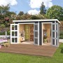Lasita Holz-Gartenhaus Zambezi XL in Carbongrau mit geöffneten Türen und Spielzeug im Garten.