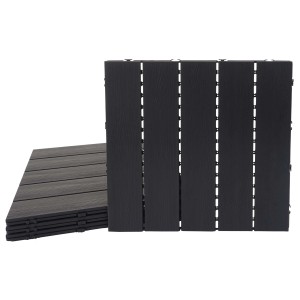 Anthrazitfarbene WPC Bodenfliesen in Holzoptik mit 3D-Struktur für Balkon und Terrasse.