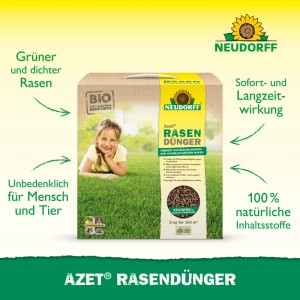 Neudorff Azet Rasen-Dünger 5 kg Packung auf grünem Rasen, Kind liegt daneben. Organischer Dünger mit natürlichen Inhaltsstoffen, sicher für Mensch & Tier.