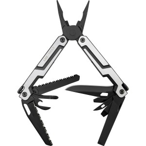 Offene LUX Multitool-Schere mit 14 Funktionen aus Edelstahl, inklusive Zange, Säge und Messer.