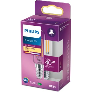 Philips LED E14 Leuchtmittel, 4,5W, warmweiß, 470 Lumen, 9x2,5cm, in Verpackung.