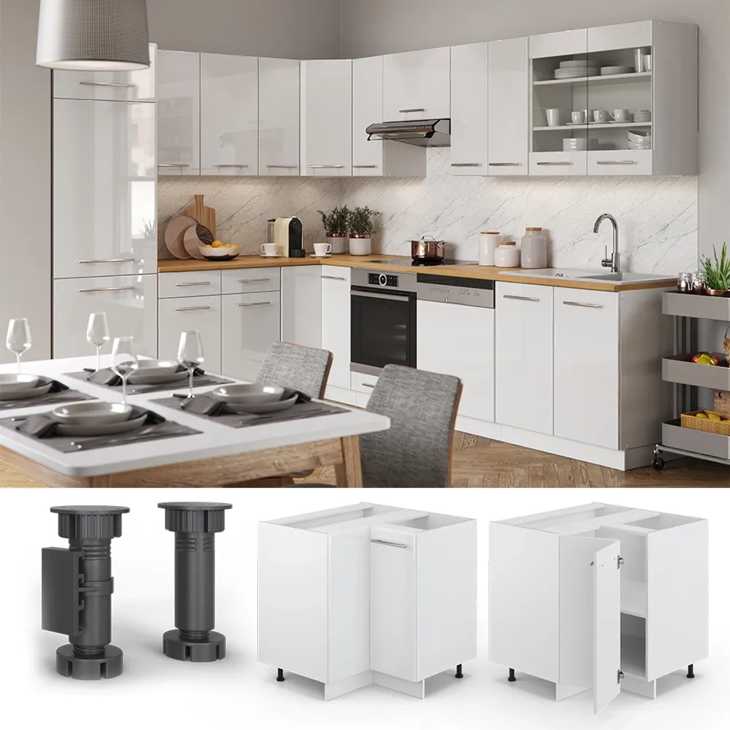 Vicco Eckunterschrank Fame-Line, weiß hochglanz, 81 cm, ohne Arbeitsplatte. Küchenschrank für Ecklösungen.