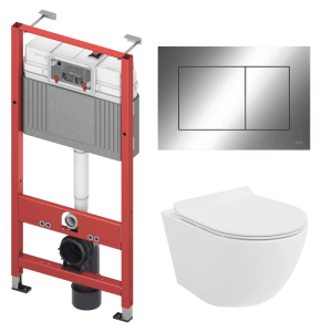 KOLMAN WC-Komplettset: rotes Vorwandelement, weißes Wand-WC mit Sitz, verchromte Betätigungsplatte. Ideal für moderne Bäder.