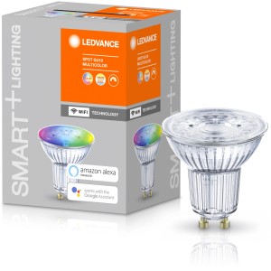 Ledvance Smart+ WiFi LED-Reflektorlampe PAR16 GU10 mit Farbwechsel und Verpackung.