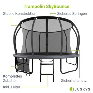 Juskys Trampolin SkyBounce L, schwarz/anthrazit, mit Sicherheitsnetz und Leiter.