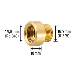 Hahnverlängerung aus Messing, 14,9 mm (Rp 3/8) x 16,7 mm (R 3/8), verlängert Armaturen um 10 mm.