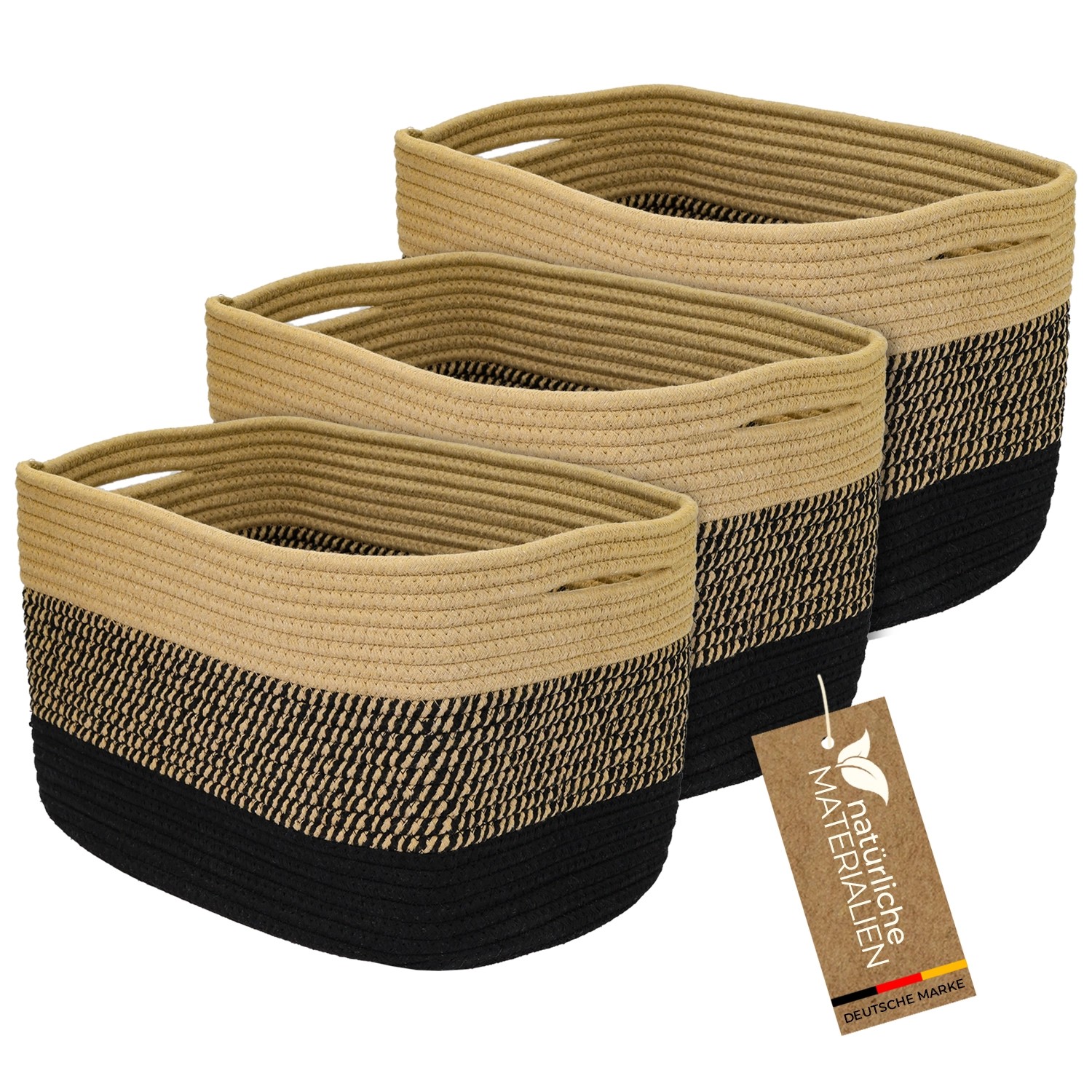 HMF Aufbewahrungskorb Versteckten Griffen 3er Set Korb Baumwolle 37 x 25 x 22 cm Schwarz-Honig