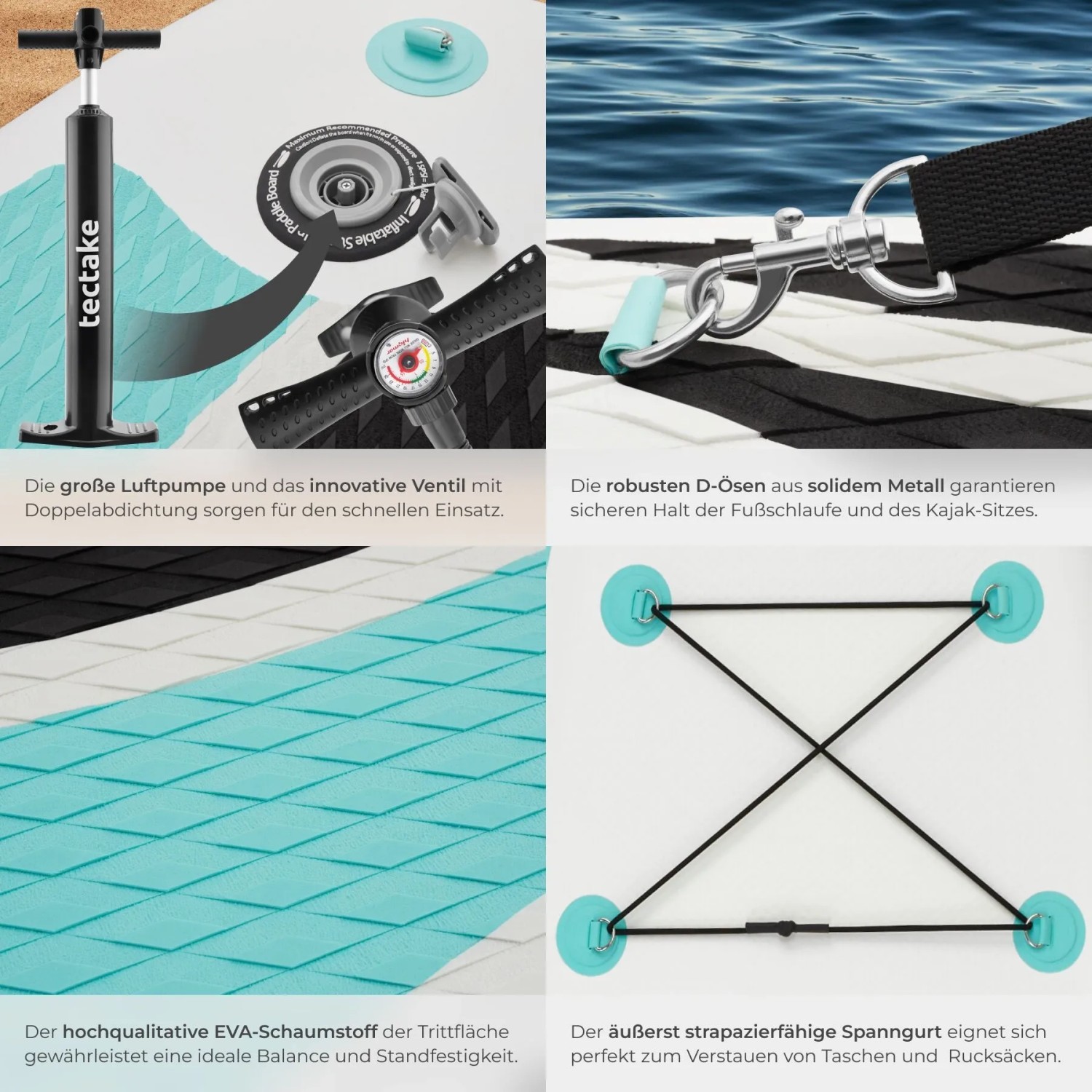 Tectake SUP Board Zenon: Details von Pumpe, D-Ringen, rutschfester EVA-Oberfläche & Spanngurt. Aufblasbar, stabil für Wassersport.