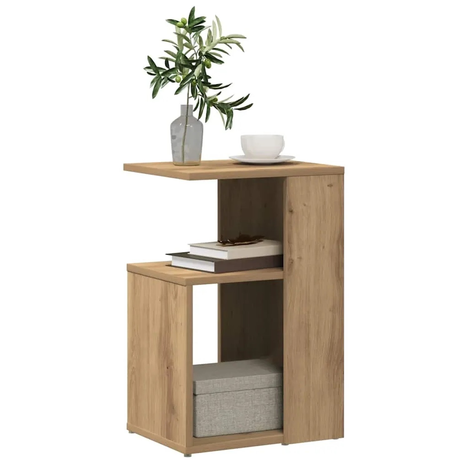 Beistelltisch Artisan-Eiche aus Holzwerkstoff, S-Form, zwei Ablagen. Oben Vase, Tasse; mittig Bücher.