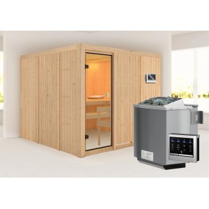 Karibu Massivholzsauna Arvika mit Bio-Ofen und Glastür, inkl. externer Steuerung.