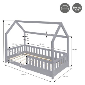 Hellgraues ML-Design Kinderbett 80x160 cm mit Matratze, Rausfallschutz und Lattenrost.