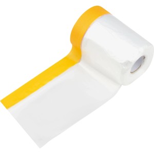 Weiße 2-in-1 Abdeckfolie mit gelbem Washi-Klebeband, teilweise abgerollt. Ideal für Malerarbeiten und Schutz.