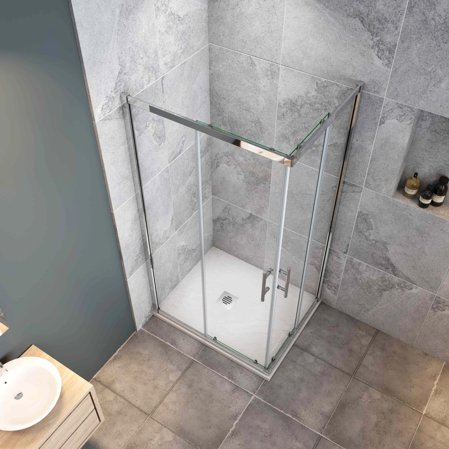 Eck-Duschkabine mit Schiebetür, 90x70 cm, chromfarbener Rahmen, Klarglas. Ohne Duschtasse.