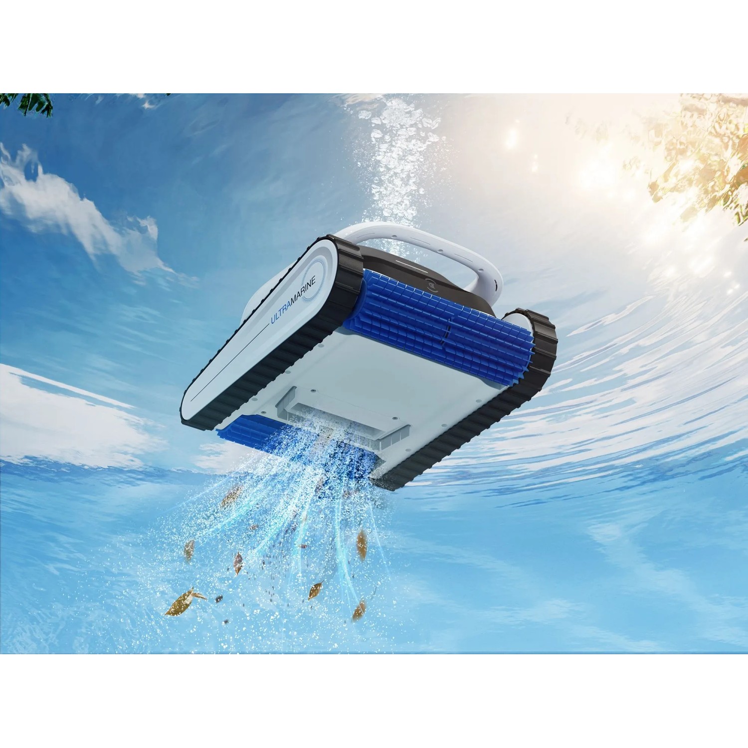 Ecovacs Poolroboter Ultramarine P1 in Weiß-Blau bei der Reinigung im Pool.