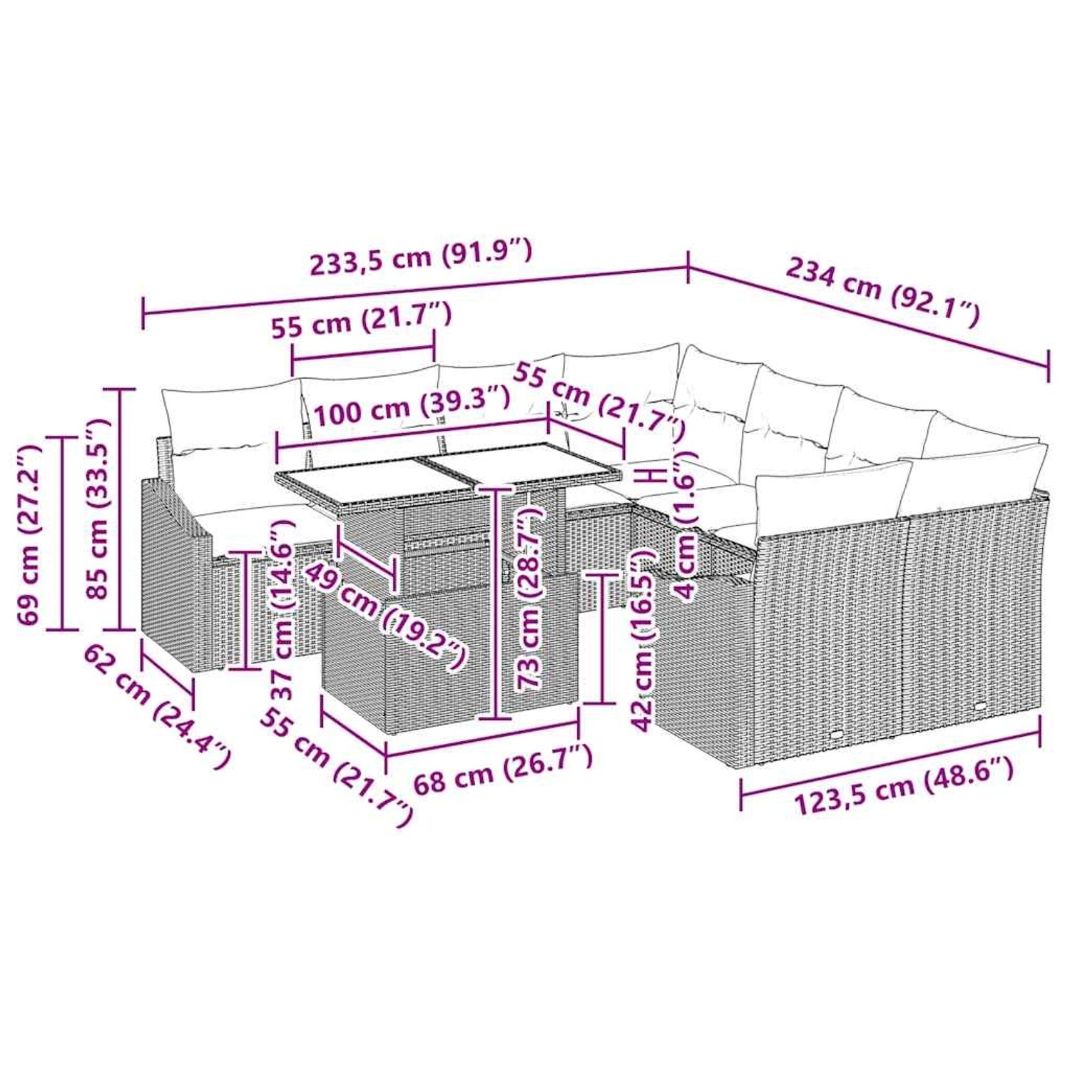 Beige 9-teilige Garten-Sofagarnitur aus Rattan mit Kissen, Maße siehe Detailbild.