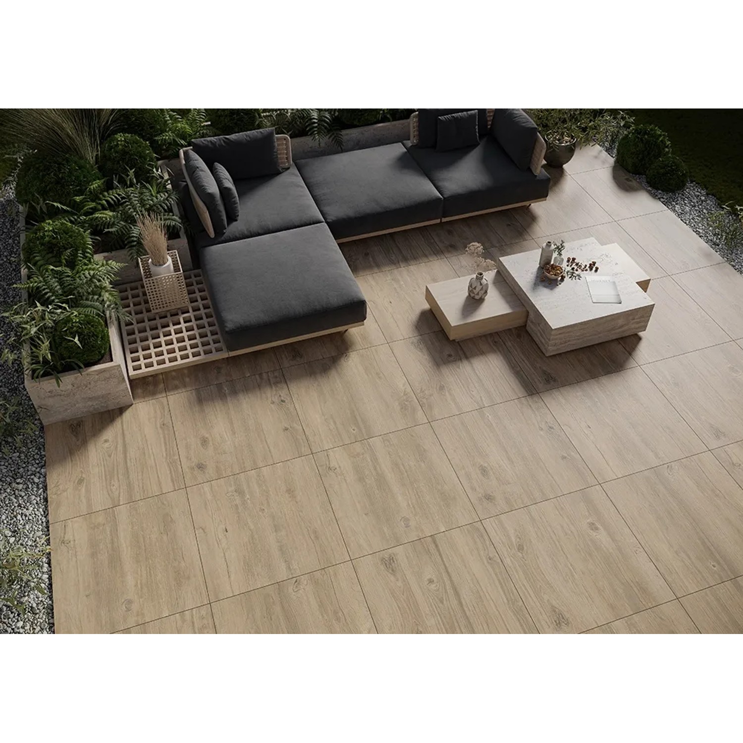 Cersanit Terrassenplatten Feinsteinzeug Wood Moments hellbraun, verlegt auf einer Terrasse mit Lounge Möbel.