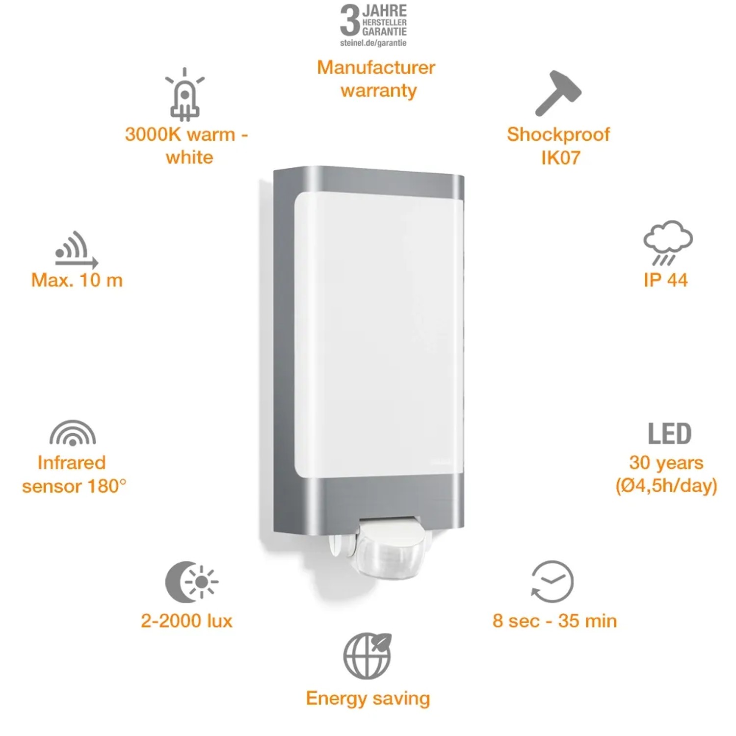 Steinel LED-Außenwandleuchte L 240 S Edelstahl mit Bewegungsmelder. Moderne, rechteckige Form.