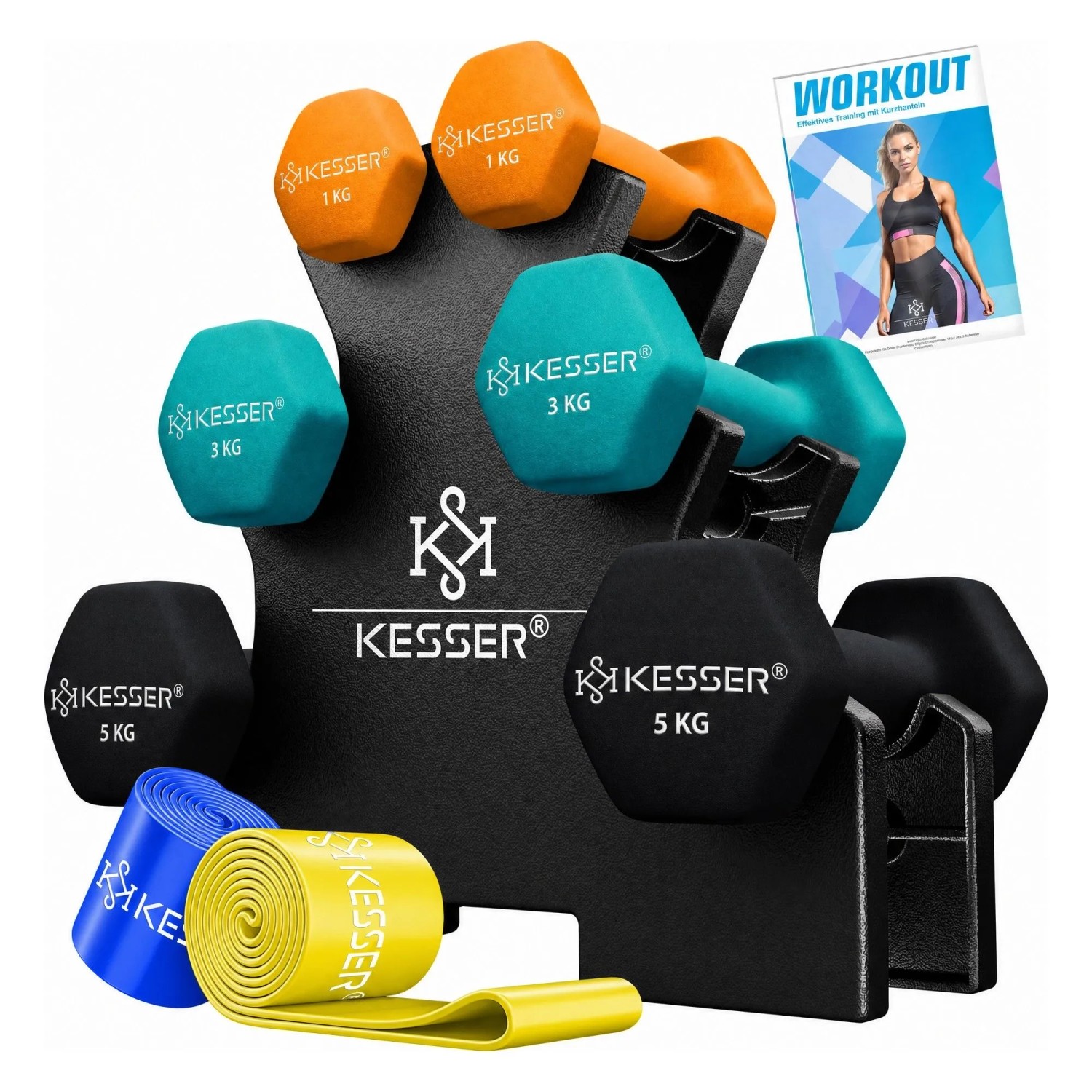 KESSER Hantelset 18 kg 2 x 1 kg 3 kg 5 kg Orange Petrolblau Schwarz 3 Paar