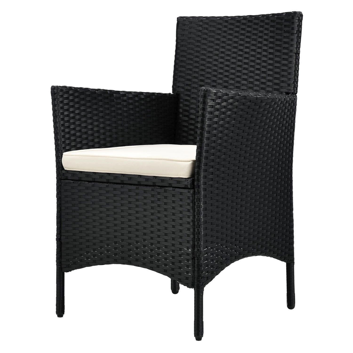 Schwarzer Polyrattan Gartenstuhl mit beigem Sitzkissen, Teil des Balkon Sets Bayamo von Juskys.